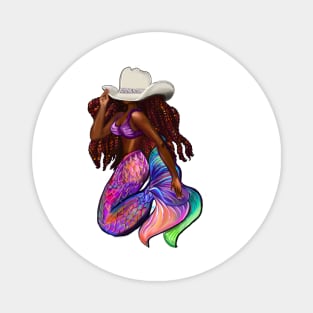 Cow girl Mermaid with flowing red locs and Country Cow boy hat Afro hair and brown skin. Black mermaid Magnet